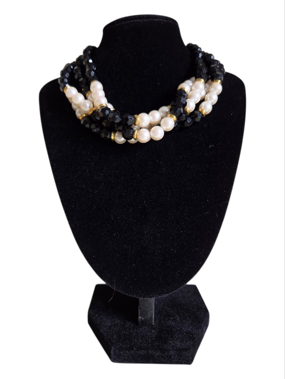 vintage 3 strand faux pearl black crystal bead choker necklace gold tone retro